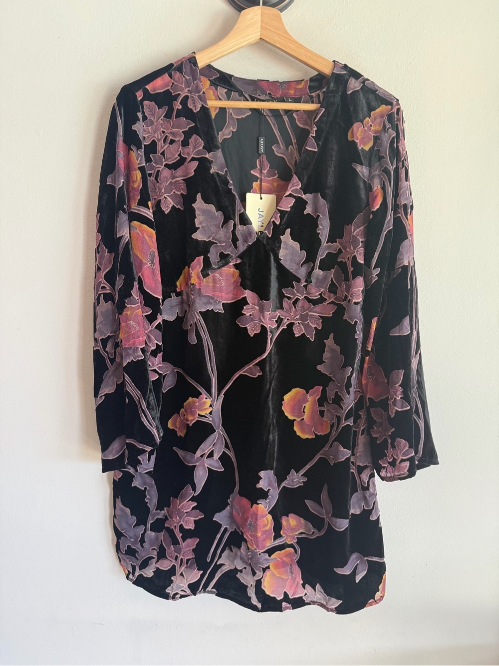Jayley Velvet Burnout Floral Mini Dress V-Neck Long Sleeve Black Purple NWT L